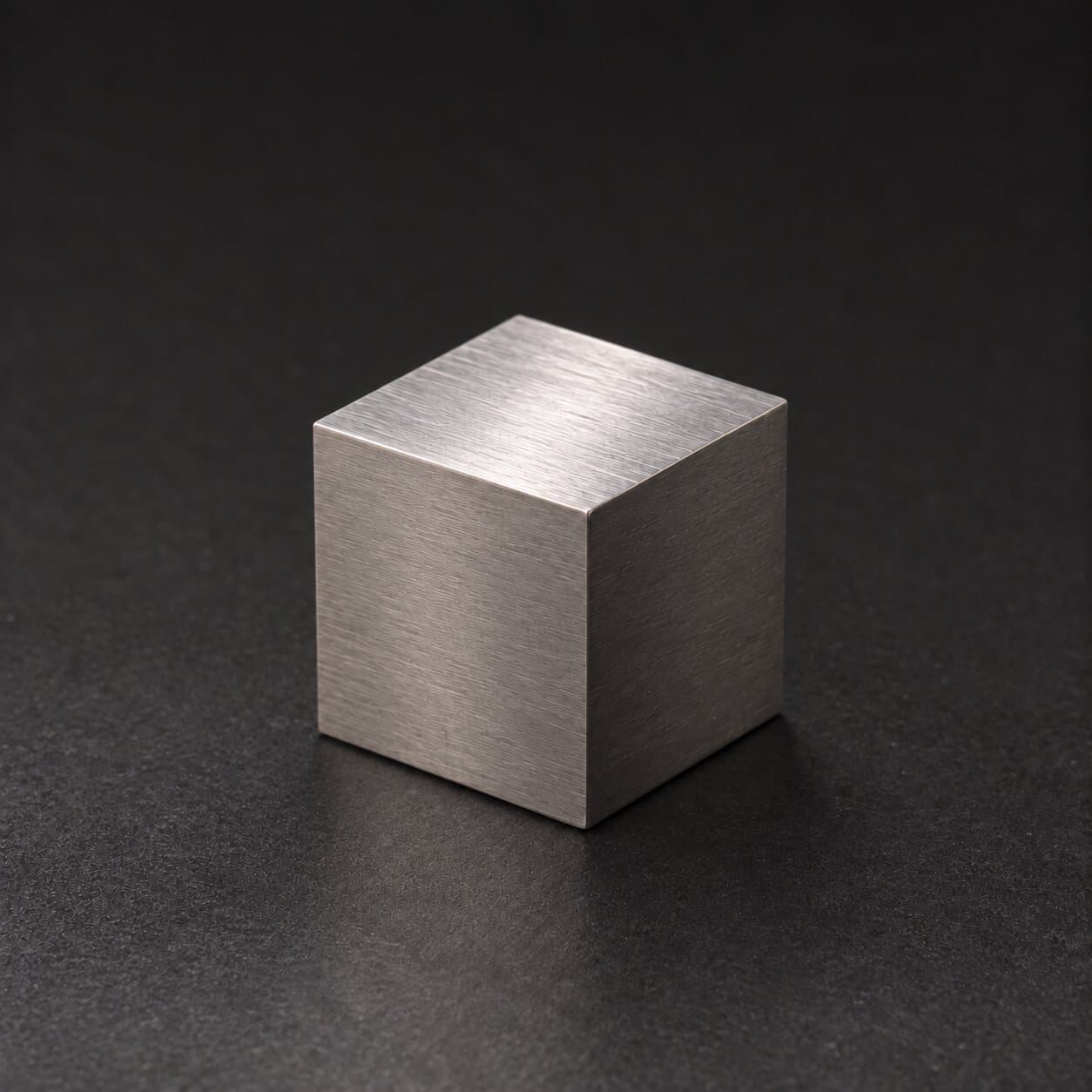 A 1 inch brushed tungsten cube on a dark textured surface, lit from above