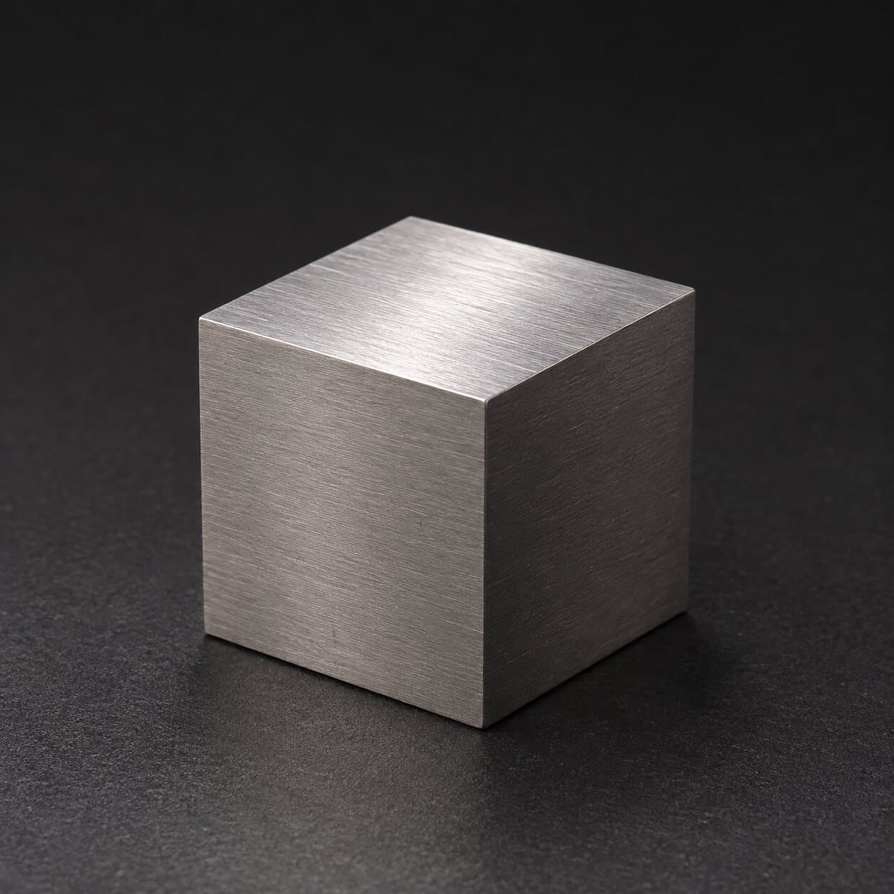 A 1.5 inch brushed tungsten cube on a dark textured surface, lit from above