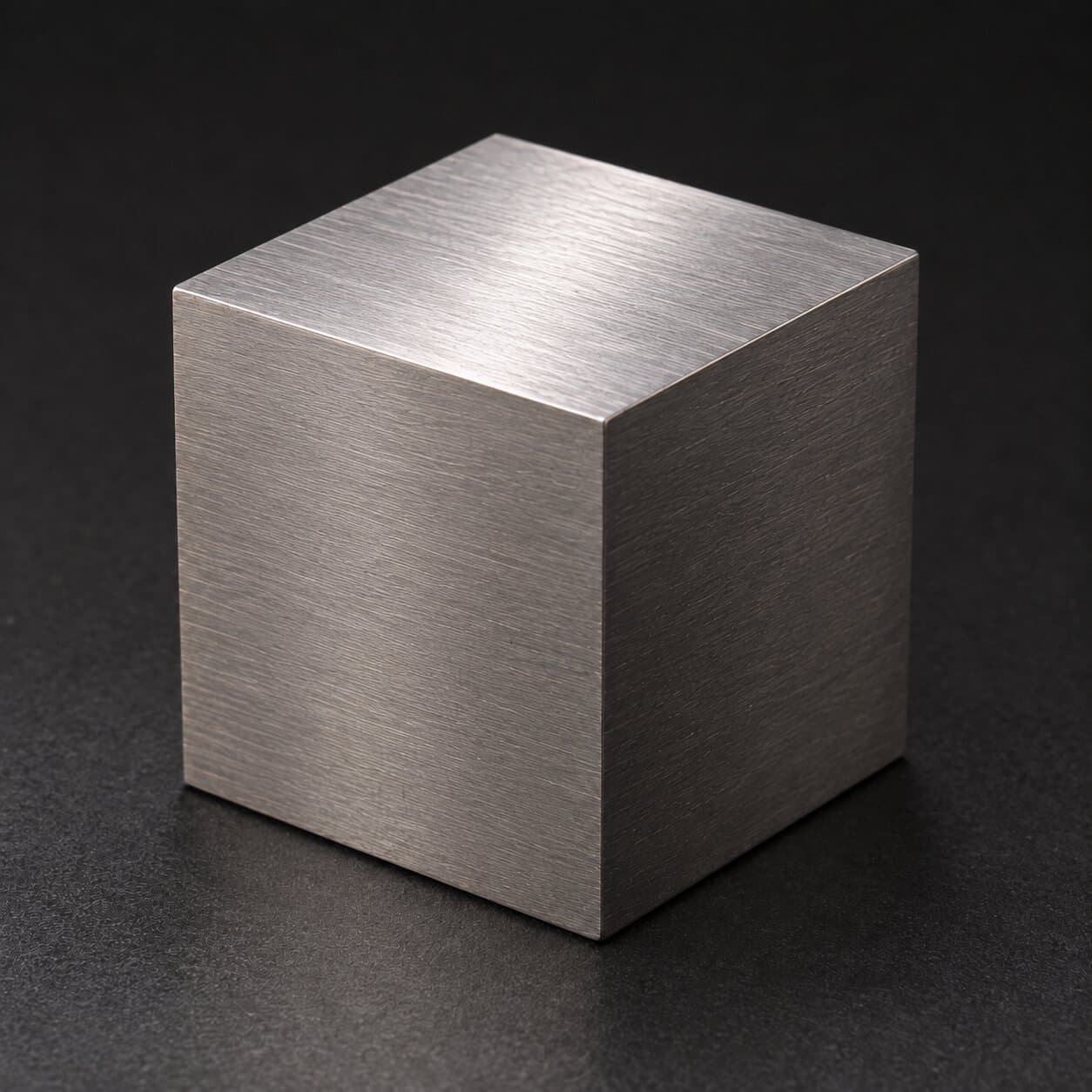 A 2 inch brushed tungsten cube on a dark textured surface, lit from above