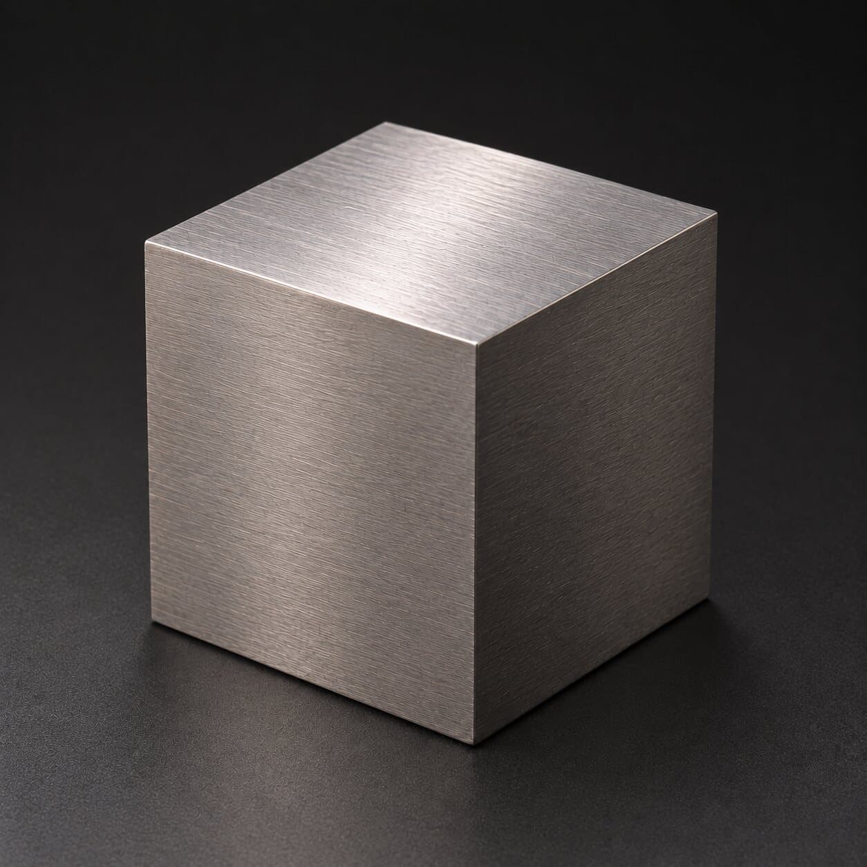 A 3 inch brushed tungsten cube on a dark textured surface, lit from above